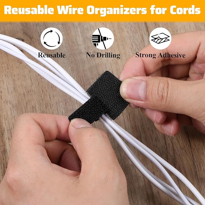 Bewudy 80 Pcs Hook and Loop Cable Straps, Self Adhesive Hook and Loop Cable Ties, Cables Management Wire Organizer Under Desk, Cord Organizers for Desk Home Office Essentials(Black)