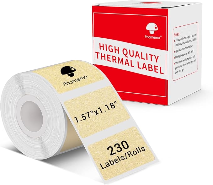 Phomemo Thermal Sticker Labels- 1.57"x1.18"(40x30mm) Thermal Label for M110/M100/M220/M250/M108, for Barcode/Address/Mailing/Logo/Business/Home Tag, Black on Golden