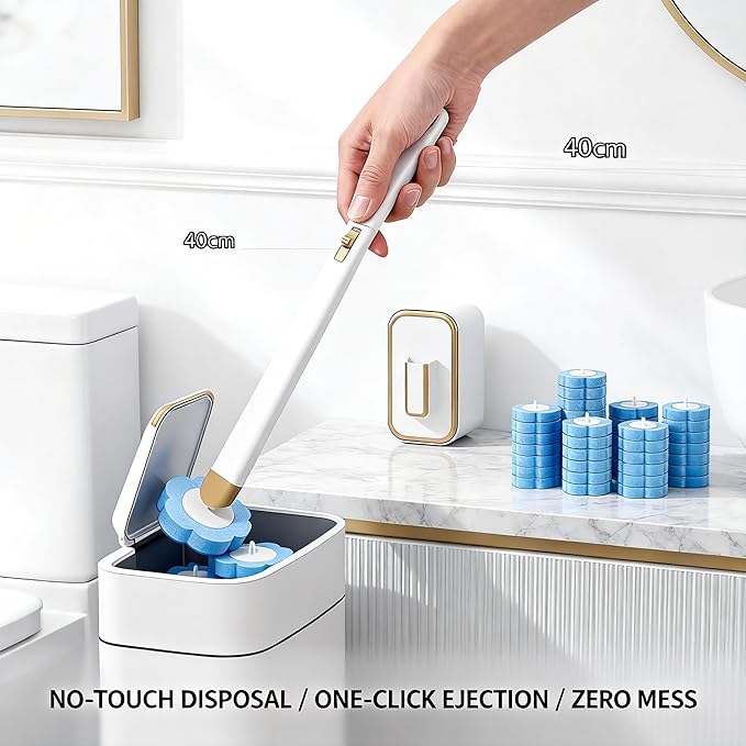 Disposable Toilet Brush with 48 Refills Holder Wall Mount Scrub kit | Built-in cleaner, Ergonomic wand, Long handle, No wash,Click-discard, 2x Adhesive Sheet