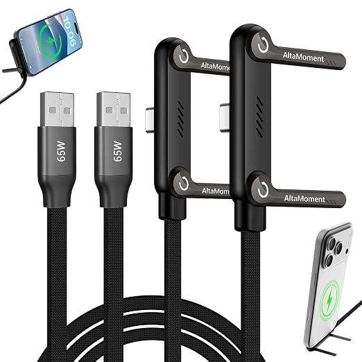 Invisible Holder Charger Cable, Fast Charging Cable for Desk, USB-A to Type-C (65W) & USB-A to Type-C (65W) Cable 4.9 FT with 360° Adjustable Metal Stand, 2 in 1 Holder Charger for Gaming, Office
