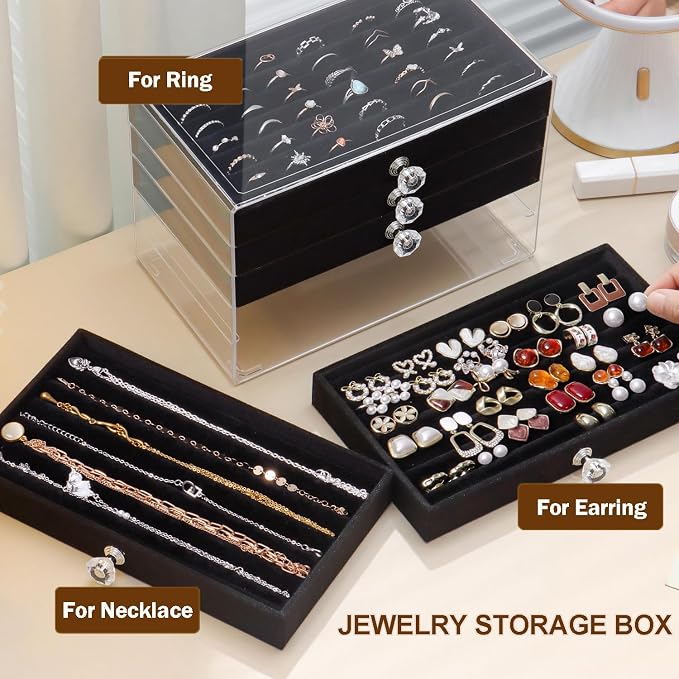 SPAKOWN Ring Box Display Holder, Clear Velvet Jewelry Storage Tray Organizer for Ring Stud Earring (Black, 5 Drawers)