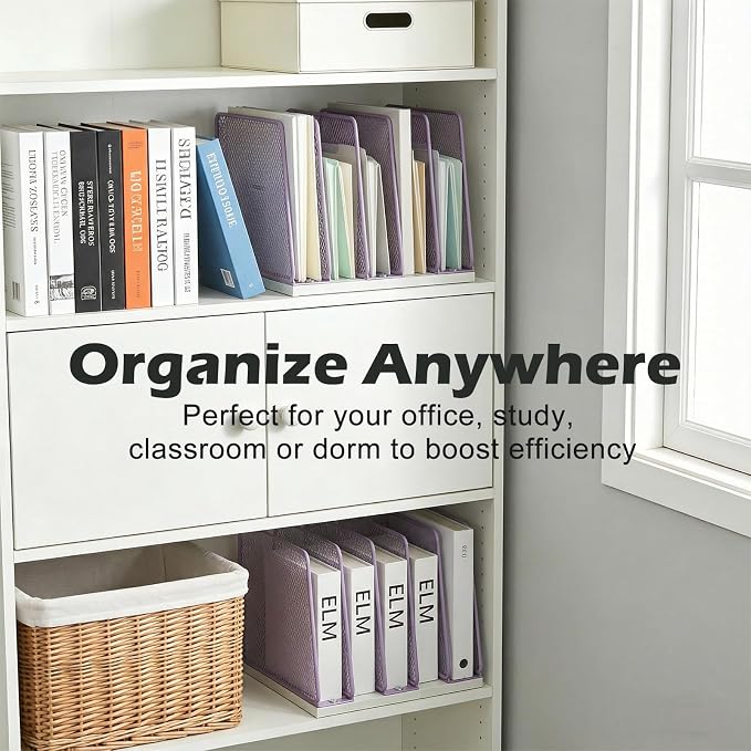 AUPSEN 5-Section File Organizer for Desk, Wood Mesh Desktop File Organizer, File Sorter Storage Rack, Vertical Folder Holder for Files, Magazines, Books (Purple)