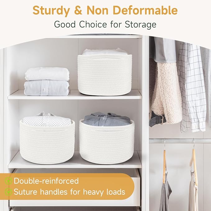 Small Rope Baskets for Storage, Baskets for Gifts Empty, Cute Round Woven Baskets, Decorative Shelf Basket 9.82×9.82×7.1", Cotton Toy Basket Storage Bins for Organizer 3 Packs White