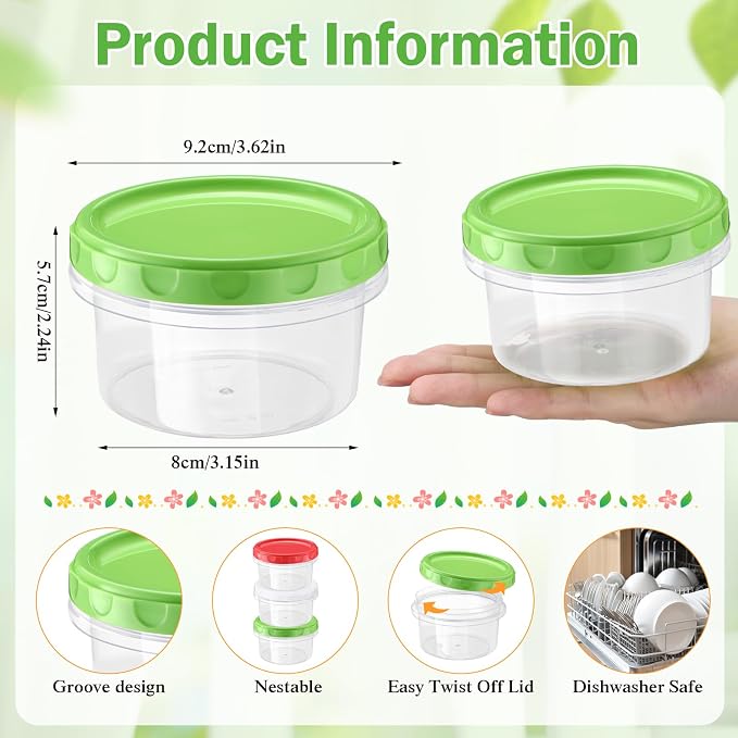 Sieral 36 Pack 8 oz Freezer Containers with Lid Reusable Deli Freezer Storage Containers Stackable Plastic Ultra Thick Twist Top Jar for Takeout Food Round Wide Mouth Lunch Snack (Green,Red,White)