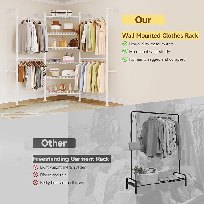 L3 Wall Mounted Metal Pipe Closet System Heavy Duty Corner Garment Rack | Max Load 950LBS with 4 Telescopic Rods & 6 Wire Shelves Black Industrial Modular Clothing Clothes Rack Wardrobe Closet