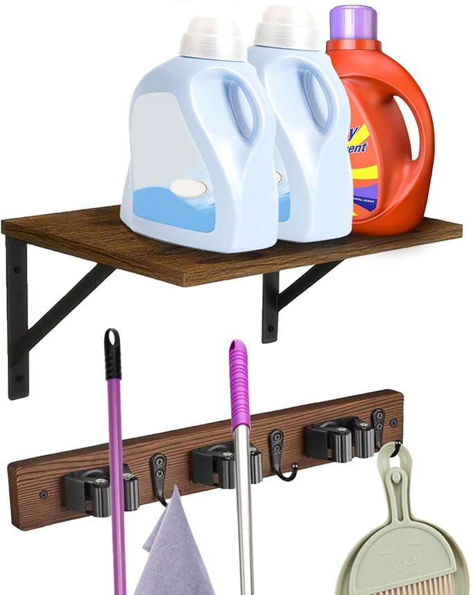 Broom and Mop Organizer Wall Hanging with Cleaning Supplies Organizer Shelf Rustic Farmhouse Wood Broom Mop Holder Storage Rack for Laundry Room Garage (1, Brown)