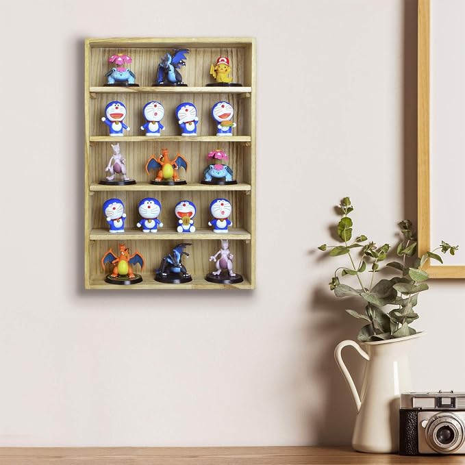 Ikee Design Wooden Wall-Mounted Display Shelves Rack for Collectibles-Figures,Shot Glasses, Spice Can,Cosmetics or Perfume-5 Adjustable Height Shelves,Space-Saving,Oak Color