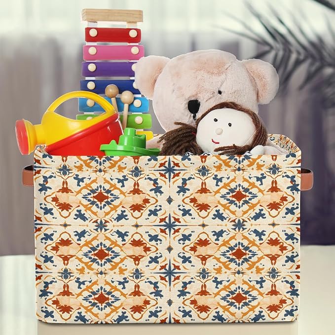 Rectangle Storage Baskets for Shelves, Blue Orange Tribal Floral Storage Cube Organizer Bins Collapsible Toy Basket for Nursery Home Room