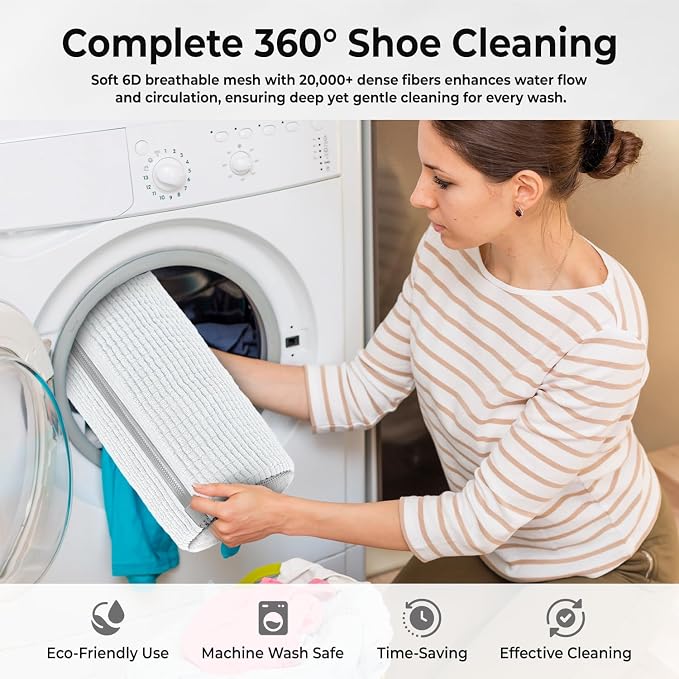 2PCS Shoe Washing Machine Bag with Pair of Shoes Tree and 4 Deodorizer Balls, Durable Zipper Reusable Shoe Washing Bag with 20000+ Fluffy Fiber Lining For 360° Cleaning for Sneakers