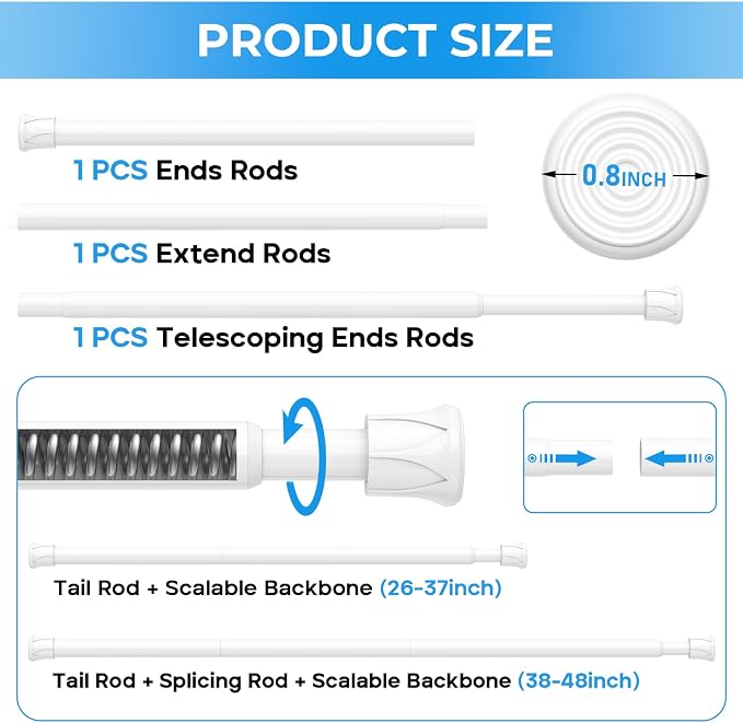 Tension Rod 28 to 48 inch, Adjustable Curtain Rods No Drilling Spring Rods Extendable Pressure DIY Tension Rod for Window Closet Kitchen, White