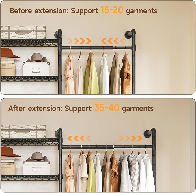 H5 Wall Mounted Closet System, Industrial Pipe Clothes Racks Clothing Rack with 4 Telescopic Rods & 3 Fixing Rods & 9 Shelves, Heavy Duty Closet Organizers and Storage in Wardrobe Closet (Black)