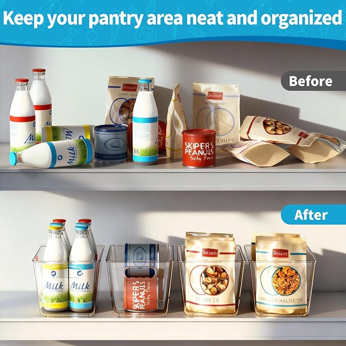 Clear Fridge Organizer Bins with Handles, 6 Pack Medium 10×6×5 Inch | Clear storage bins with handles, food organizer basket for kitchen, fridge, freezer and bedrooms