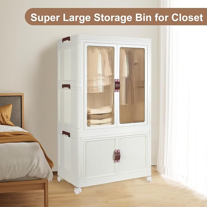 Household Foldable Closet Organizer for Storing Clothes,Books,Living Supplies,Simple Installation Storage Bins and Upgraded and Thickened Material with 360 ° Universal Pulley（With 10 Clothes Hangers）