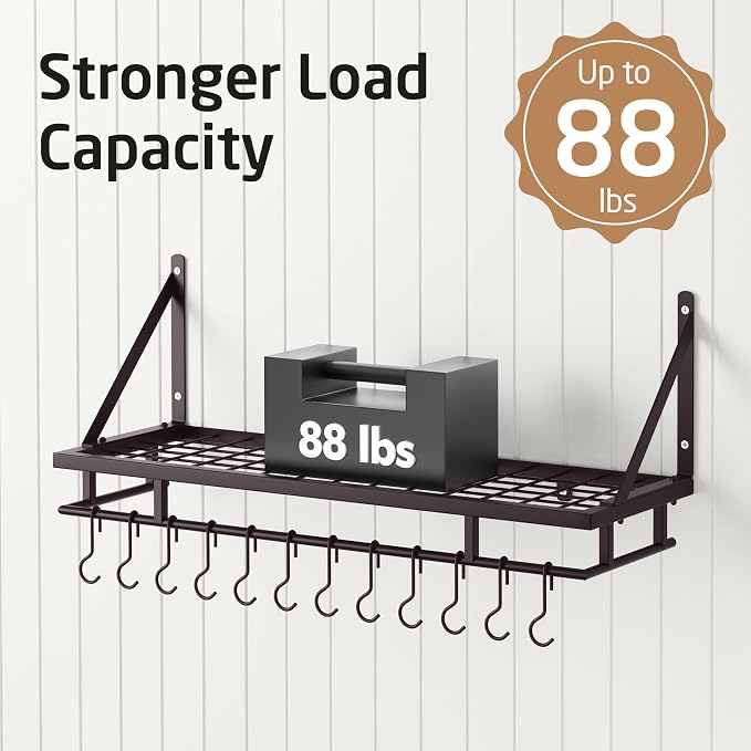 KES 30-Inch Wall Pot Rack, Oil Bronze, 88lb Capacity, 12 Hooks, Farmhouse | Cast Iron Pots and Pans Organizer, Reinforced Grid Shelf, Stud Mounting, Indoor Kitchen Organizer
