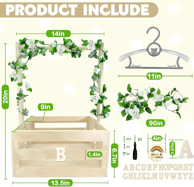 Wooden Baby Shower Crate Closet with Hanger Rack,Baby Baskets,Baby Shower Baskets with Handles & Garland for Newborn Boys Girls,Pregnancy Gifts for New Parents
