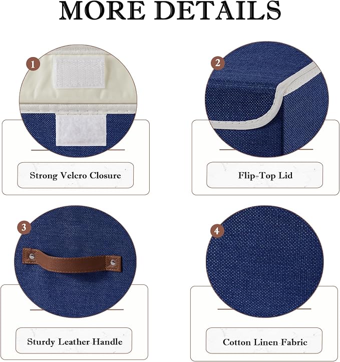 2PCS Collapsible Storage Boxes Baskets with Lid Cotton Linen Fabric Storage Bins with Faux Leather Handles Washable Cube Organizer Container for Home Closet Bedroom (Blue, Small Size)