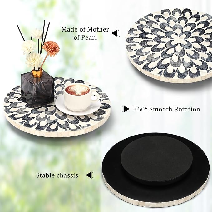 Reallnaive Mother of Pearl Lazy Susan for Table Turntable Organizer Marble Patterned Lazy Susan Wood Spinning Tray Rotating for Kitchen Cabinet Spice Pantry 12 Inch(Round,Floral)