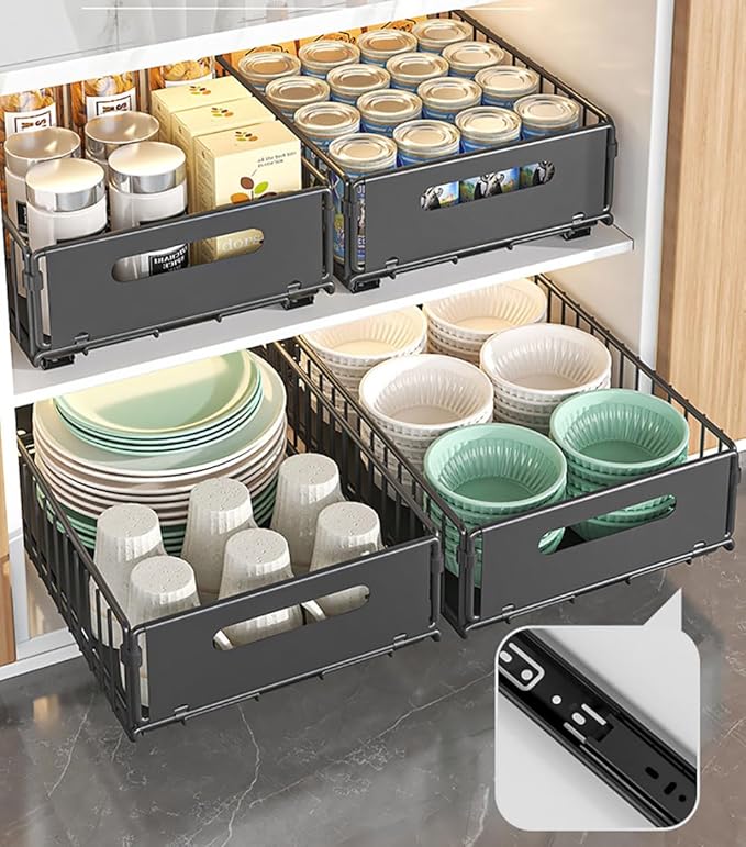 YunNasi Pull Out Cabinet Organizer Slide Out Drawer Storage Shelves Cupboard Organiser Sliding Cabinet Basket for Kitchen No Drilling and Nailing (Black, 4Piece 9.8" W X15 D X 7.5" H)