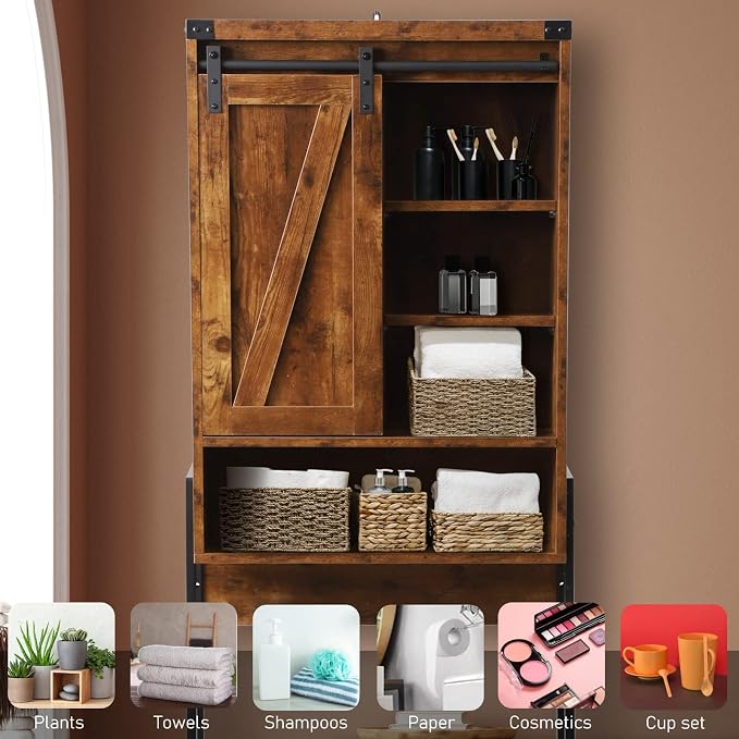 Over Toilet Storage Cabinet with Barn Door & Adjustable Shelves | 24 Inch Wide Bathroom Organizer, Space-Saving, Sturdy Wood, Anti-Tipping, Easy Assembly, for Restroom, Laundry, Small Spaces