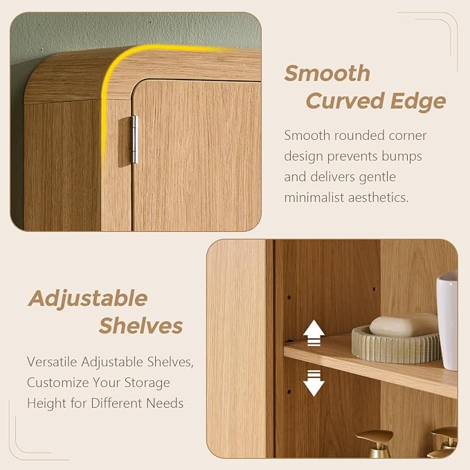 Over the Toilet Storage Cabinet, 69.69" Curved Bathroom Storage Organizer Cabinet with Doors and Adjustable Shelves, Wooden Free Standing Toilet Space Saver Rack, Natural
