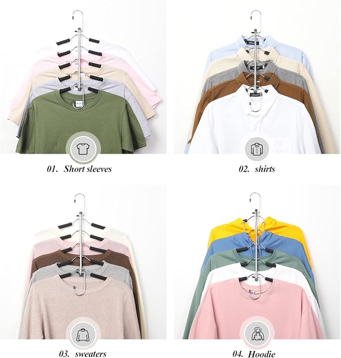 Space Saving Clothes Hangers – 5-in-1 Shirt & Coat Hangers with Non-Slip Foam, Stainless Steel Tiered Closet Organizer for Sweatshirts, Hoodies, Sweaters, T-Shirts – 4 Pack by ZNBEN