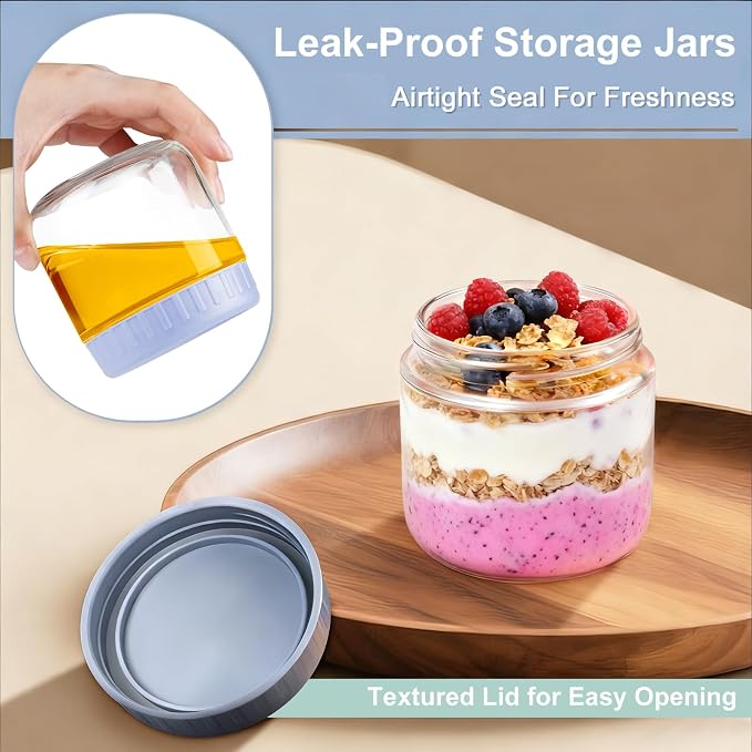 Overnight Oats Containers with Lids, 10oz Wide Mouth Mason Jars with Lids, 3 Pack Glass Jars with Airtight lid for Chia Pudding Yogurt Salad, Meal Prer Oatmeal Jars, Blue