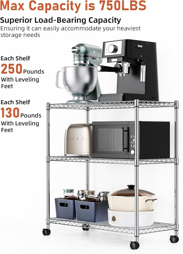 Simple Deluxe Heavy-Duty 3-Tier Rolling Shelving Unit, Adjustable Steel Wire Shelf, 24.02" W x 13.78" D x 29.92" H, 750 lbs Capacity, Chrome Metal Storage Rack for Kitchen