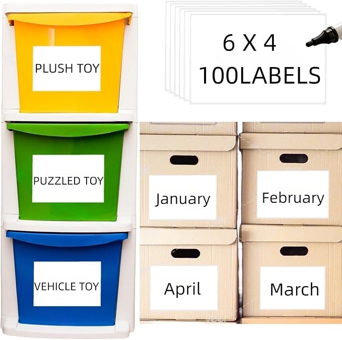 100 4" x 6" Organizing Labels for Storage Bins White Blank Large Label | Organization Name Stickers for Containers Box Bin Kitchen Storage, Moving Shipping Packing , Proof-Water/Oil, Sticky