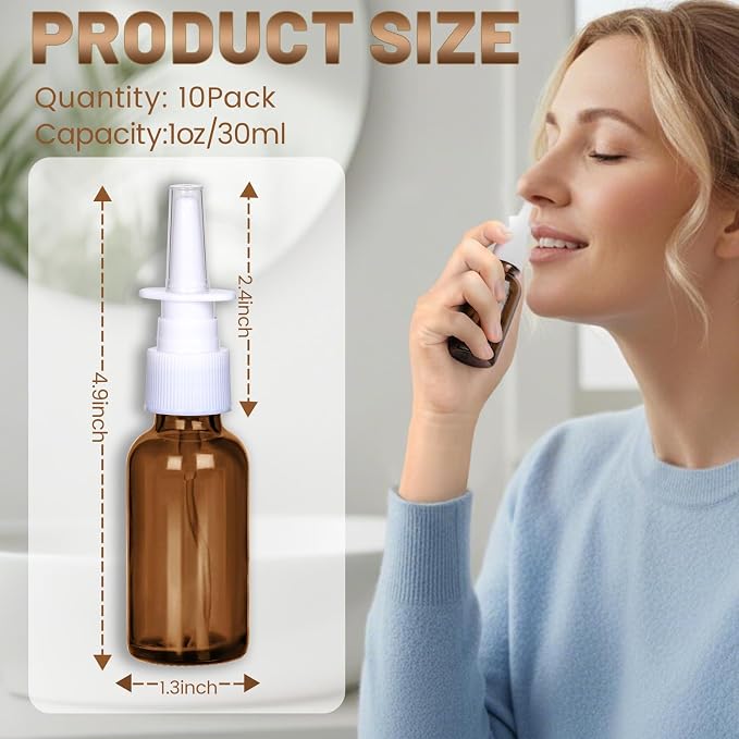 1 oz Empty Amber Glass Nasal Spray Bottles 10 Pack Leakproof & Durable | UV Protection Fine Mist Atomizers – for Saline, Essential Oils, Sinus Relief, Allergy Care, Travel, Includes Dropper & Labels