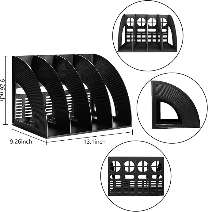Marte Vanci Magazine File Holder Vertical PP Folder Book Desktop Organizer Plastic Storage Sturdy Vertical 4 Section Folder Black