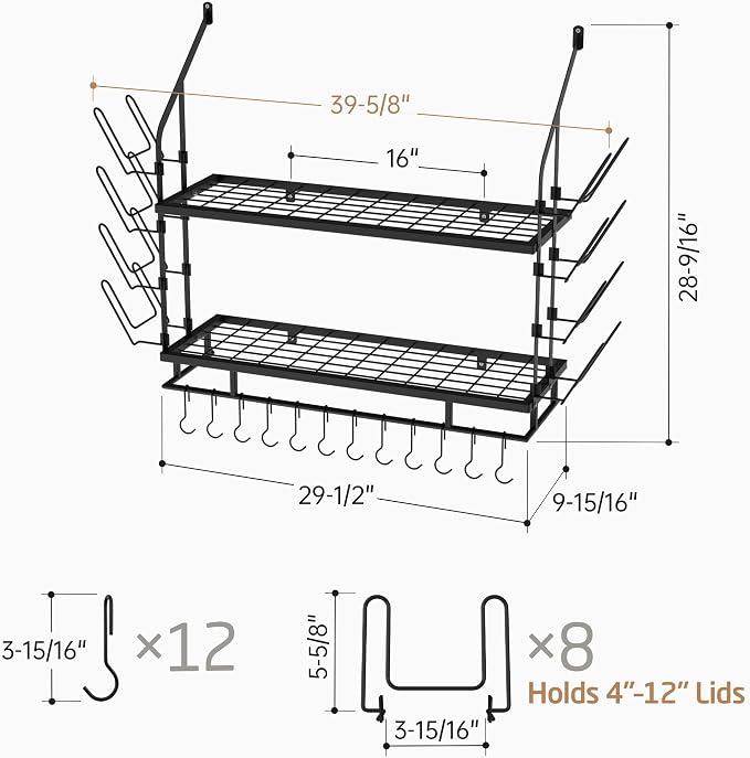 KES 30-Inch Pot Rack Wall Mounted, 8 Secure Lid Holders & 12 Sturdy Hooks | 2-Tier Kitchen Hanging Pot and Pan Organizer, Ample Storage for Tall Cookware, KUR215S75C-BK