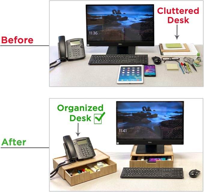 MobileVision Bamboo Drawer Large, Monitor Stand & Stackable Storage Solution for office products pens, pencils, scissors, notepads, business cards and more