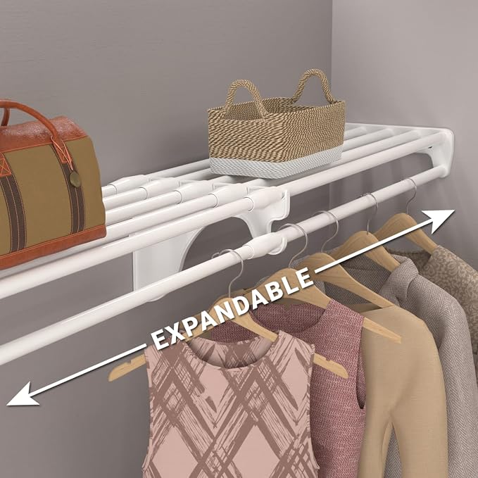 EZ Shelf-Expandable-Closet Shelf (NO Hanging Rod)- 19.5” to 29” -White-Easy Install to Backwall(Floating)-Wire Closet Shelving Alternative-(EZS-SW27-1-2)