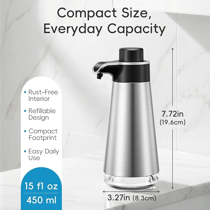 BYUNER Soap Dispenser for Bathroom & Kitchen, 15 fl oz Refillable Soap Dispenser, Brushed Silver Metal Look Countertop Soap Dispenser, Rust-Free Hand Soap & Dish Soap Dispenser