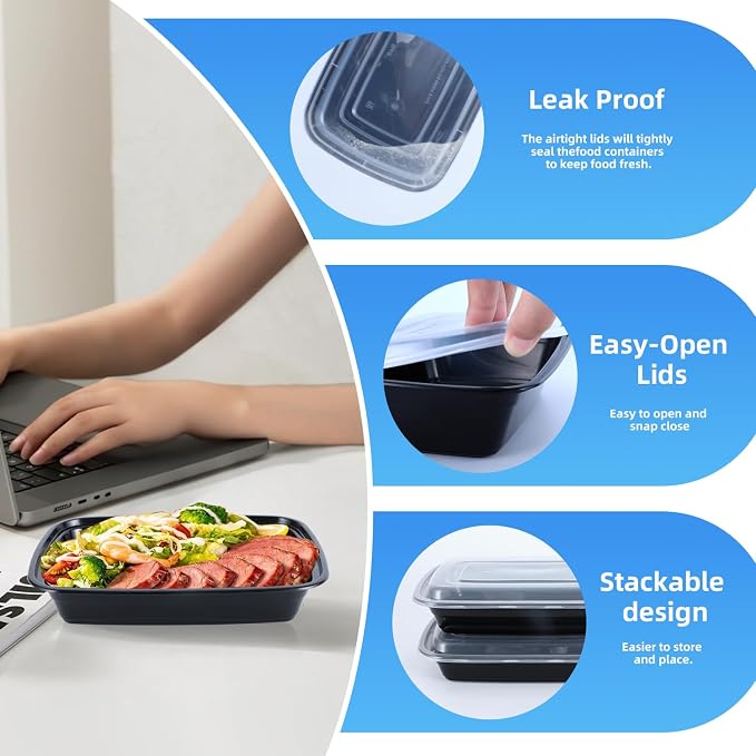 32oz Rectangle Meal Prep Containers with Lids, 50 Pack | BPA-Free Leakproof Plastic Food Storage & Take Out Boxes, Microwave, Dishwasher, Freezer Safe for Lunch
