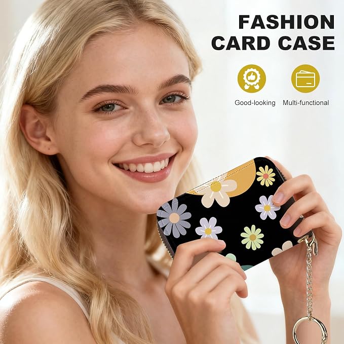 Credit Card Holder for Women,Small Rfid Wallet with Keychain Zipper,Cute PU Leather Card Case Wallet，Accordion Credit Card Wallets Gift,Green and Purple Flower C