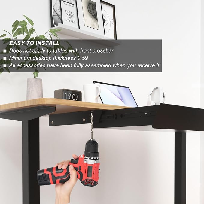Large Under Desk Mounted Sliding Drawer with 2 Cable Hole and 60 Degree Tilt Panel to Pull Out, 22.4'' Long & 9.2'' deep Large Storage Organizer for Sit Stand Workstation