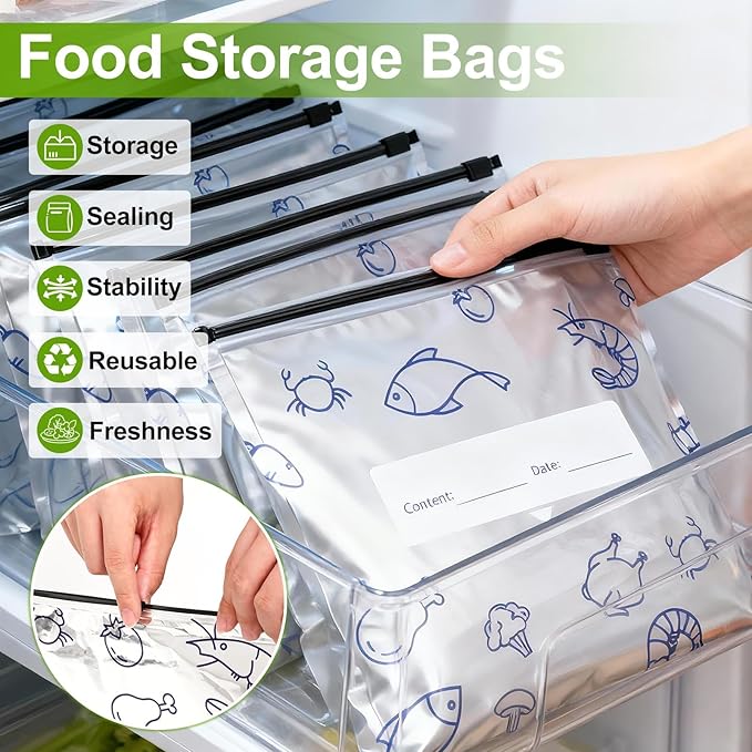 30 Pcs Reusable Mylar Bags for Food Storage, Waterproof Aluminum Foil Stand Up Pouches Freezer Containers for Beans Vegetables Rice Meat Long Term Preservation, BPA Free