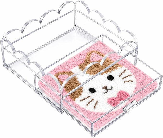 Acrylic Tray with Drawer 5" x 5" Scalloped Clear Acrylic Display Tray for Insert Needlepoint,Desk PMMA Organizer for Perfume Necklace Lipstick Cosmetic Bedroom Bathroom Napkin Tray