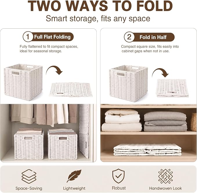 Cotton Rope Cube Storage Basket, 11 Inch Foldable Cubby Organizer Bins with Handles, Handwoven Square Basket for Organizing, Cube Closet Storage Bins for Shelves, Home Decor (White)