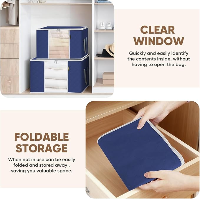 BALEINE 3 Pack Clothes Storage Bags, 24 Gallon Storage Containers with Reinforced Handle, Sturdy Zipper, Closet Organizer for Blanket, Comforter, Pillow, Bedding (Blue, 3 Pack)