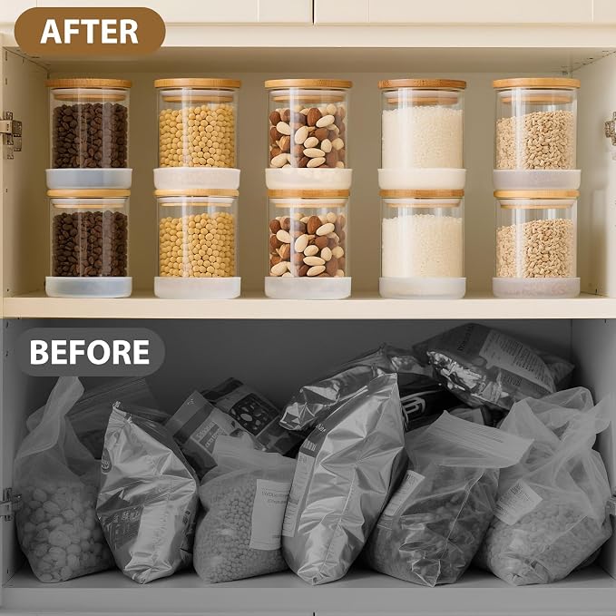 TBWIND 17oz Round Glass Storage Containers with Bamboo Lids – 12 Pack Small Airtight Clear Spice Jars for Pantry Organization, Kitchen Dry Food, Flour, Spice, Coffee Beans, Staples & Snacks