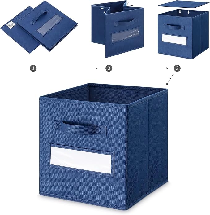 Fabric storage cubes (Set of 8) 11 Inch Cube Storage Bin, Cube storage with 8 Labels Window Cards & a Pen, Foldable cube organizer bins,11x11 Storage bin, Cubby Organizer Boxes, Navy Blue