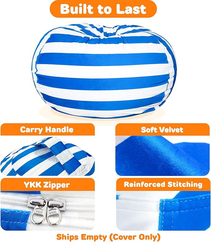 Lukeight Stuffed Animals Storage Bean Bag Chair Cover Only (Ships Empty, No Filling) - Velvet YKK Zipper Beanbag Cover for Kids and Big kids, Washable Plush Toy Organizer, X-Large 30" D x 18" H