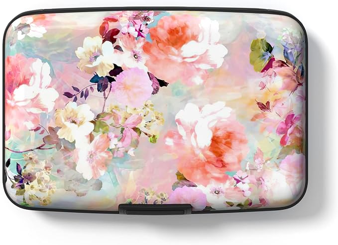 Credit Card Holder for Women, Small RFID Metal Credit Cards Wallets Cute Business Card Holder Pocket ID Case, Pink Flowers