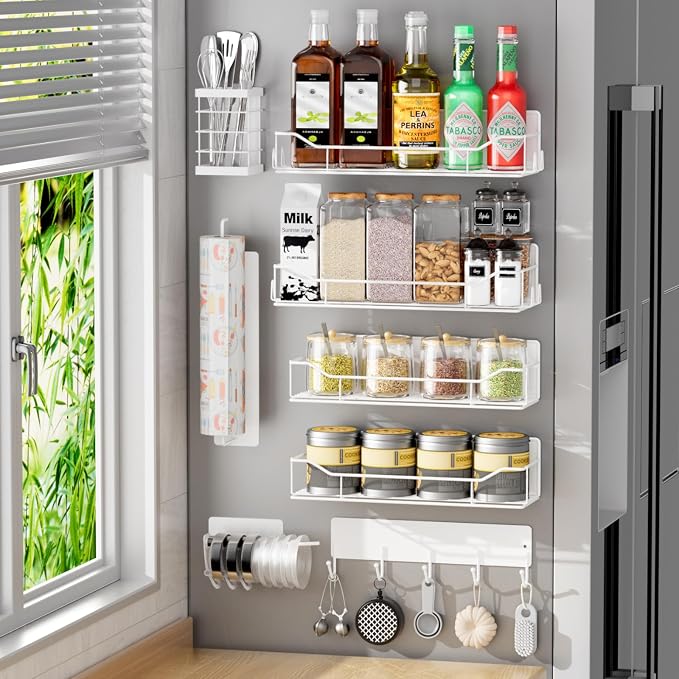 Magnetic Spice Rack for Refrigerator,8 Pack Magnetic Fridge Shelf, Moveable Spice Organizer with Hook Rack, Paper Towel Holder, Utensil Holder,cup lid holder, Super Magnetic Rack Set (White)