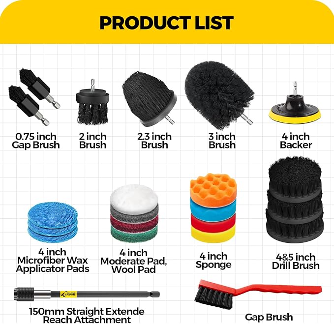 Holikme 22Pack Drill Brush Attachments Set, Scrub Pads & Sponge, Buffing Pads, Power Scrubber Brush, Car Polishing Pad Kit,Wax Applicator Pad,Car Cleaning Kit，Cleaning Supplies，Masonry Brushes,Black | Buffing Sponges, Nylon Grout Tools, Microfiber Wax ...
