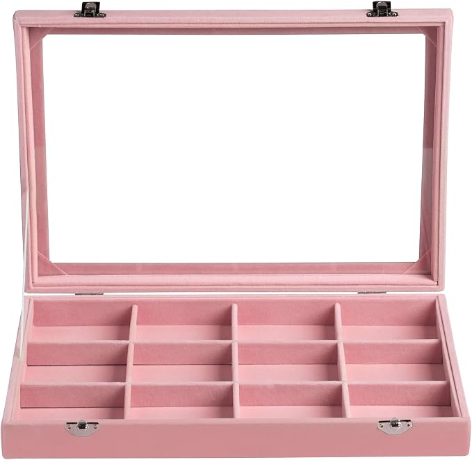 Frebeauty 12 Grid Bracelet Holder Box,Velvet Jewelry Tray with Clear Lid | Real Glass Lid,Bracelet Display,Jewelry Organizer for Bangle Brooch,Adjustable Divider,Dustproof Design,13.8×9.5Inches
