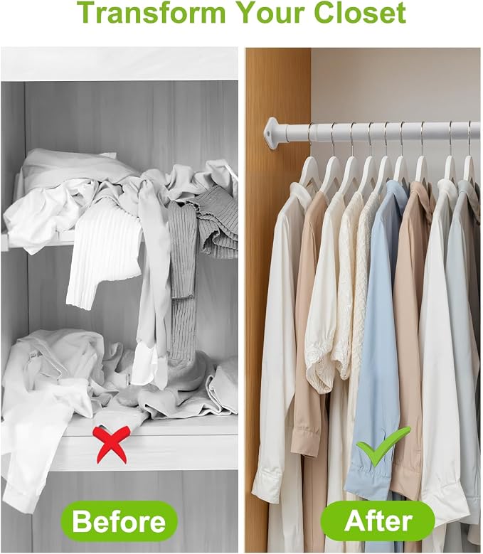 Closet Rod for Hanging Clothes Upgraded Extra Strong, 52 to 64 Inches Adjustable Heavy Duty Closet Rod, White