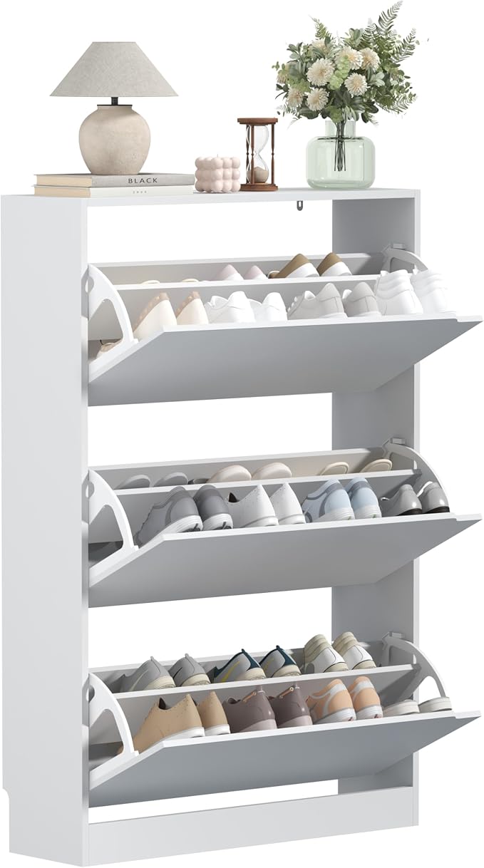 Wodeer Narrow Shoe Cabinet for Entryway, Slim Shoe Storage Cabinet with 3 Flip Drawers, Hidden Wood Shoe Cabinet Storage, Freestanding Shoe Rack Organizer Foyer, Hallway, White